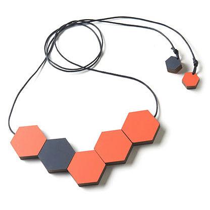 Hexagonal Wooden Bead Necklace Vermillion by Polli