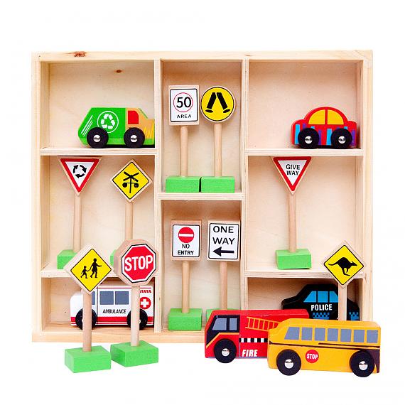 Wooden Vehicle and Traffic Sign 16 Piece Set designed in Australia by Fun Factory