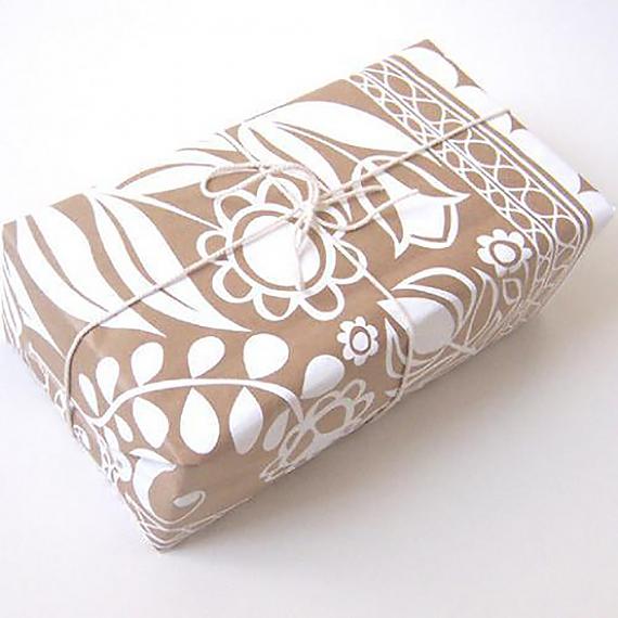 As wrapping - Polish Folk Art Floral Screen Print - White on Natural Kraft Paper