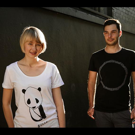 White Womens Panda and Black Circle Mens T-shirts made in Australia by me and amber