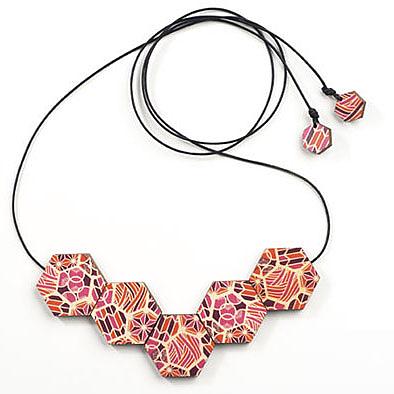 Wooden Patchwork Bead Necklace Warm Colours by Polli