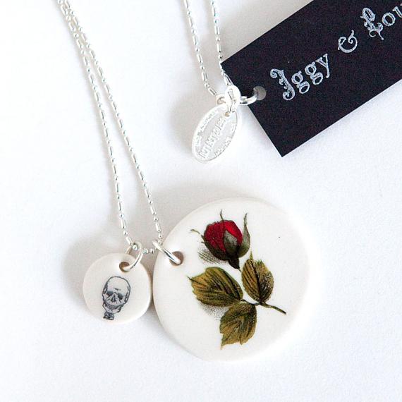 Red Rose and Skull Necklace by Iggy and Lou Lou