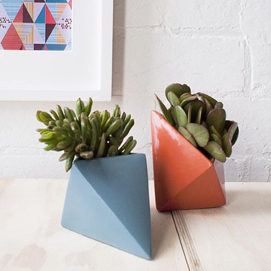 Ceramic Diamond Planters in Cut Glass (blue) and Karrot (orange) by Love Hate