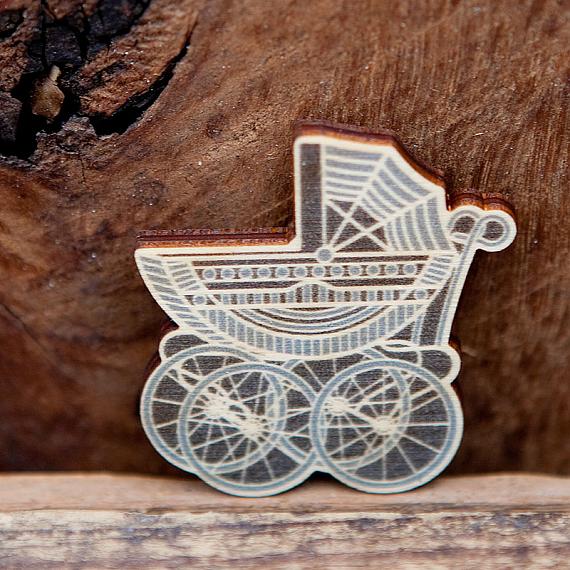 Vintage Pram Wooden Brooch - Blues by Polli