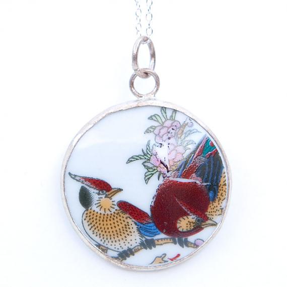 Multicoloured Birds on Branch Vintage Crockery Necklace by Bird of Play