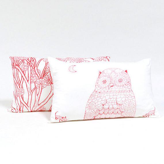 Owl & Forest Pillow Case Set - Red on Cream by Sunday Morning Designs