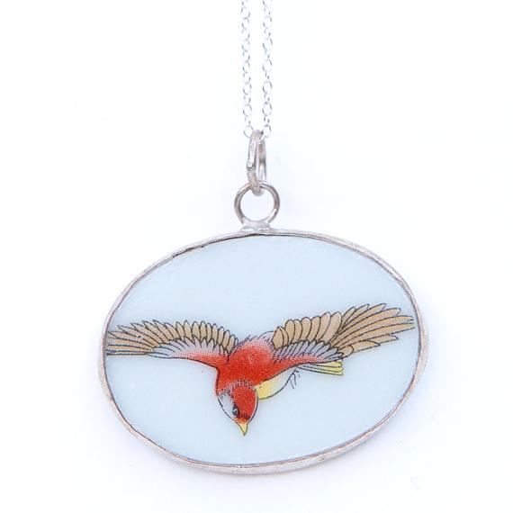 Red Bird Swooping Oval Vintage Crockery Necklace by Bird of Play