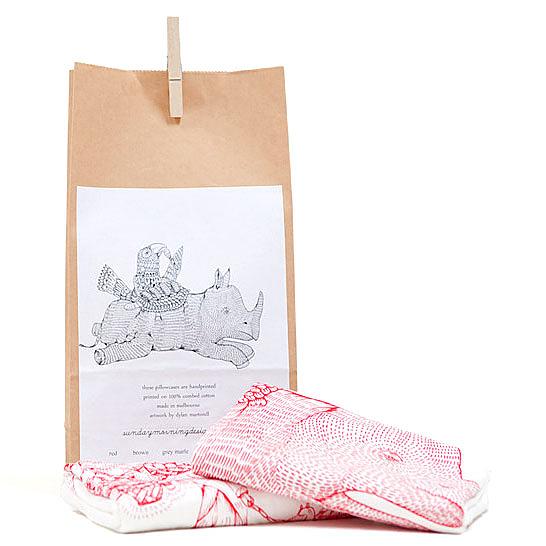 Rhino & Village Pillow Case Set - Red on Cream by Sunday Morning Designs