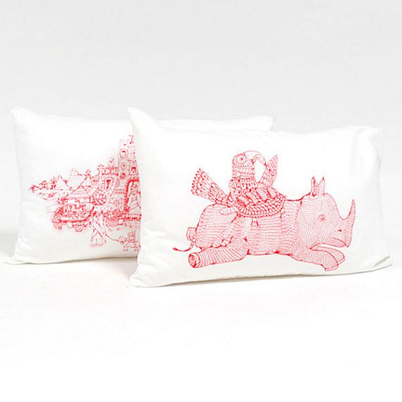 Rhino & Village Pillow Case Set - Red on Cream by Sunday Morning Designs