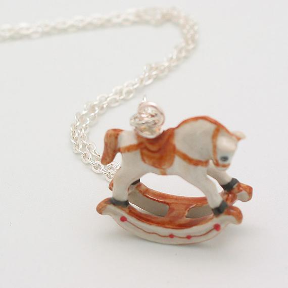 Rocking Horse White with Brown Pendant on Silver Chain by Meow Girl