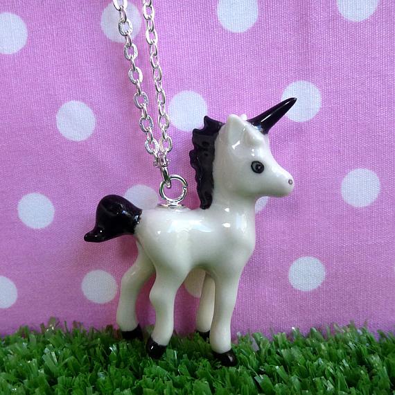 Unicorn with Black Detail Pendant on Silver Chain by Meow Girl