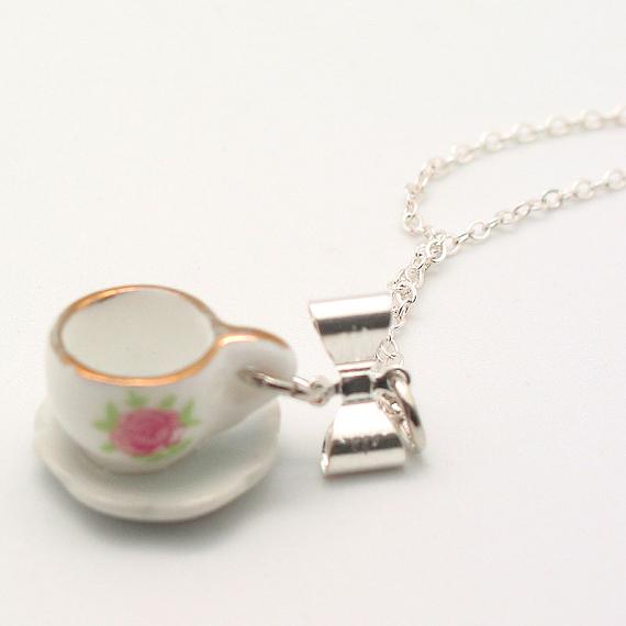 White Teacup with Flower Pendant on Silver Chain by Meow Girl