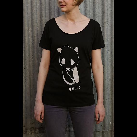 Black Hello Panda Womens T-shirt designed and made in Australia by me and amber