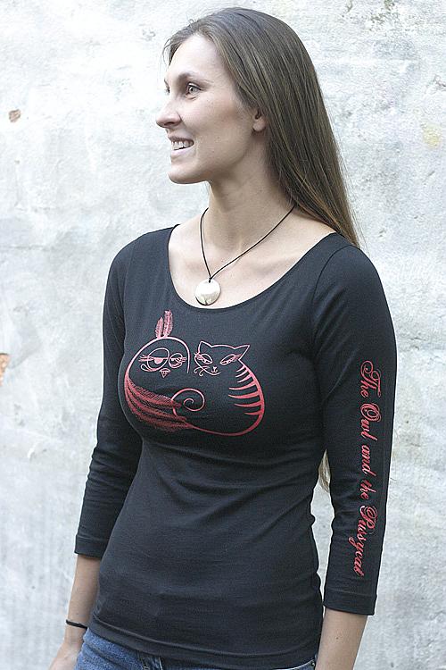 Owl and Pussycat on Black 3/4 Sleeve T-shirt by Non-Fiction